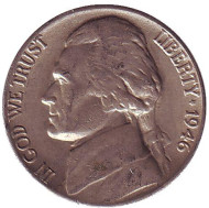 Монета 5 центов. 1946 год, США. Джефферсон. Монтичелло. Монета 5 центов. 1946 год, США. Джефферсон. Монтичелло.