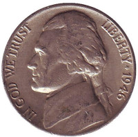 Джефферсон. Монтичелло. Монета 5 центов. 1946 год, США.