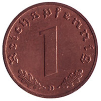 Монета 1 рейхспфенниг. 1937 год (D), Третий Рейх (Германия).