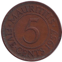 Монета 5 центов. 1957 год, Маврикий.