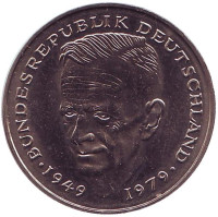 Курт Шумахер. Монета 2 марки. 1982 год (G), ФРГ. UNC.