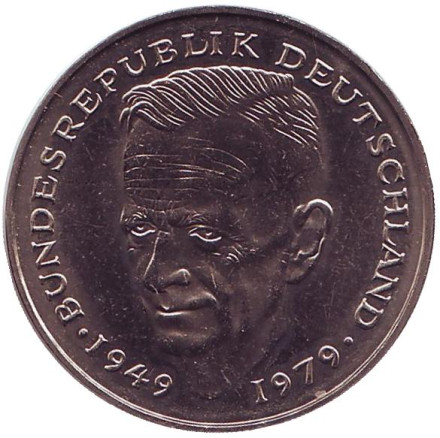 Монета 2 марки. 1982 год (G), ФРГ. UNC. Курт Шумахер.