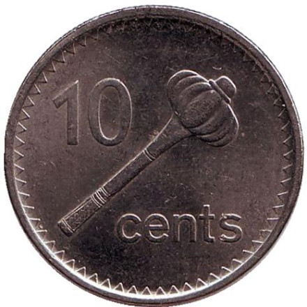 Монета 10 центов. 2010 год, Фиджи. Метательная дубинка - ула тава тава.