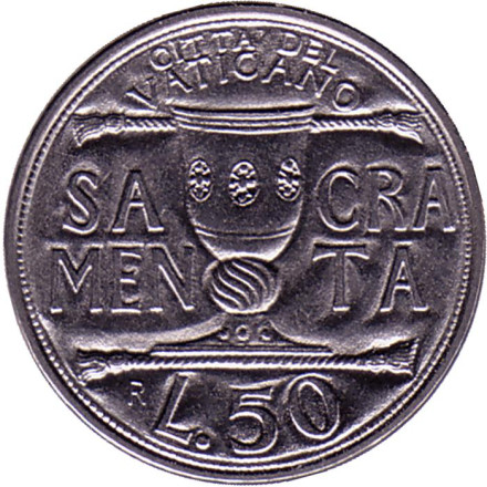 Монета 50 лир. 1993 год, Ватикан. Таинства.