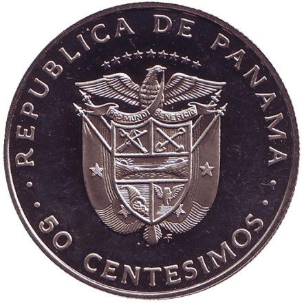 Монета 50 сентесимо. 1975 год, Панама. (Proof). Фернандо Лессепс. Монета 50 сентесимо. 1975 год, Панама. (Proof). Фернандо Лессепс.