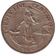 Монета 25 сентаво. 1966 год, Филиппины. Монета 25 сентаво. 1966 год, Филиппины.