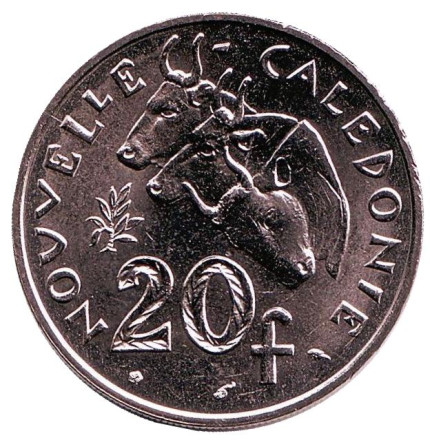 Монета 20 франков. 1986 год, Новая Каледония. UNC. Быки.