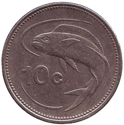 Монета 10 центов. 1998 год, Мальта. Золотистая макрель.