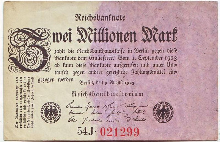 Рейхсбанкнота 2 миллиона марок. 1923 год, Веймарская республика. Тип 2.
