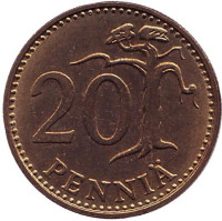 Монета 20 пенни. 1989 год, Финляндия.