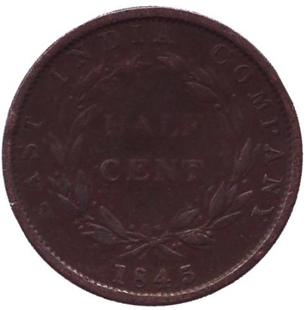Монета 1/2 цента. 1845 год, Стрейтс-Сетлментс.