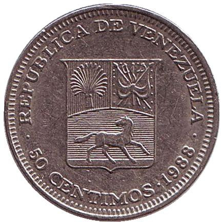 Монета 50 сентимо, 1988 год, Венесуэла. Герб Венесуэлы.