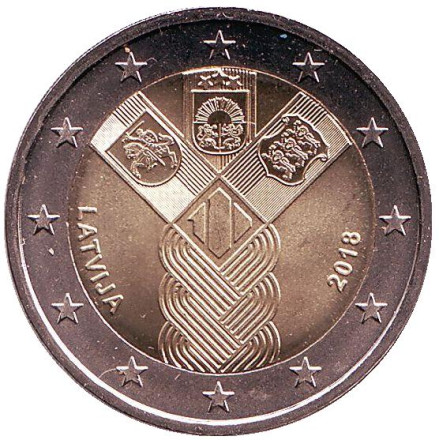 Монета 2 евро. 2018 год, Латвия. 100-летие независимости прибалтийских государств.