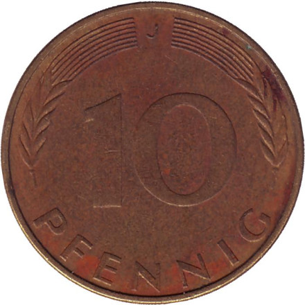 Монета 10 пфеннигов. 1973 год (J), ФРГ. Дубовые листья.