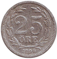 Монета 25 эре. 1896 год, Швеция. Монета 25 эре. 1896 год, Швеция.