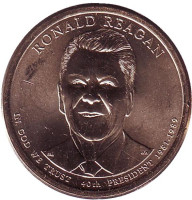 40-й президент США. Рональд Рейган. Монетный двор P. 1 доллар, 2016 год, США.