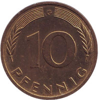 Дубовые листья. Монета 10 пфеннигов. 1990 год (G), ФРГ.
