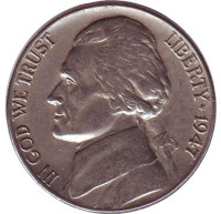 Джефферсон. Монтичелло. Монета 5 центов. 1947 год, США.