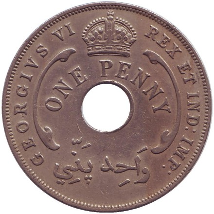 Монета 1 пенни. 1944 год, Британская Западная Африка. Монета 1 пенни. 1944 год, Британская Западная Африка.