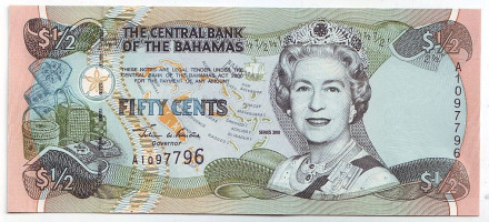 Банкнота 50 центов. 2001 год, Багамские острова.