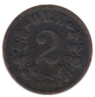 Монета 2 эре. 1891 год, Норвегия. Монета 2 эре. 1891 год, Норвегия.