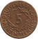 Монета 5 рентенпфеннигов. 1924 (F) год, Веймарская республика. Монета 5 рентенпфеннигов. 1924 (F) год, Веймарская республика.