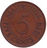 Монета 5 центов. 1959 год, Маврикий.