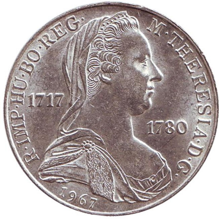 Монета 25 шиллингов. 1967 год, Австрия. 250 лет со дня рождения Марии Терезии.