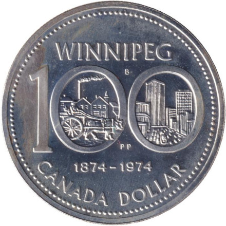 Монета 1 доллар. 1974 год, Канада. 100 лет городу Виннипег.