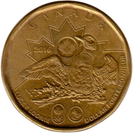 Монета 1 доллар, 2016 год, Канада. Игры XXXI Олимпиады в Рио-де-Жанейро (Бразилия). Из обращения.