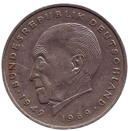 Монета 2 марки. 1973 год (J), ФРГ. Из обращения. Конрад Аденауэр.
