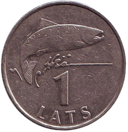 Монета 1 лат, 1992 год, Латвия. Из обращения. Рыба.