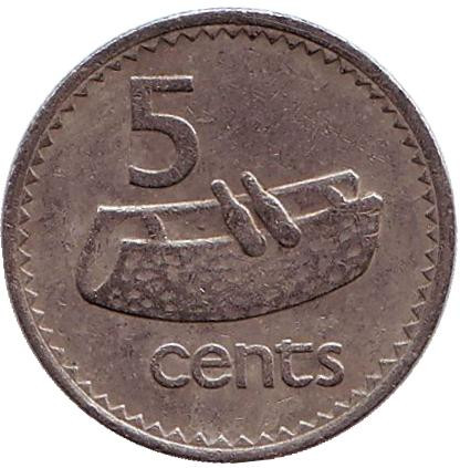 Монета 5 центов. 1986 год, Фиджи. Фиджийский барабан (лали).