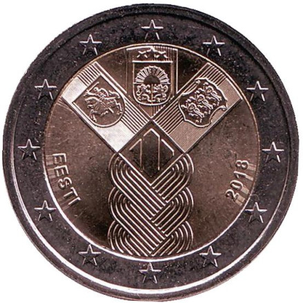 Монета 2 евро. 2018 год, Эстония. 100-летие независимости прибалтийских государств.