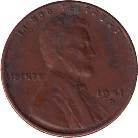 Монета 1 цент. 1941 год (D), США. Линкольн.