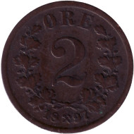 Монета 2 эре. 1897 год, Норвегия. Монета 2 эре. 1897 год, Норвегия.