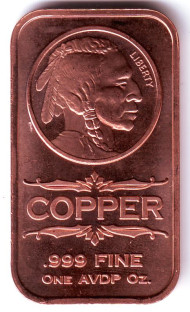 Индеец. Сувенирный жетон в форме слитка. Унция меди 999. США. Индеец. Сувенирный жетон в форме слитка. Унция меди 999. США.