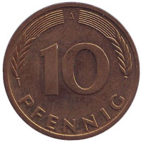 Дубовые листья. Монета 10 пфеннигов. 1991 год (A), ФРГ.