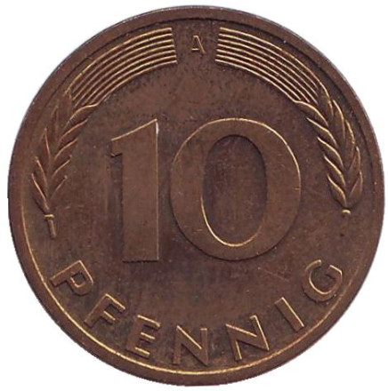 Монета 10 пфеннигов. 1991 год (A), ФРГ. Дубовые листья.