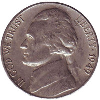 Джефферсон. Монтичелло. Монета 5 центов. 1949 год (S), США.