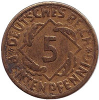 Монета 5 рентенпфеннигов. 1924 (G) год, Веймарская республика. 
