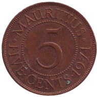 Монета 5 центов. 1971 год, Маврикий. Монета 5 центов. 1971 год, Маврикий.