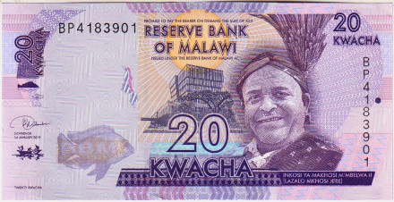 Банкнота 20 квача. 2019 год, Малави. Портрет короля М'Мбелвы II.