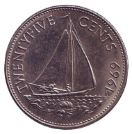 Монета 25 центов. 1969 год, Багамские острова. Парусник. Монета 25 центов. 1969 год, Багамские острова. Парусник.