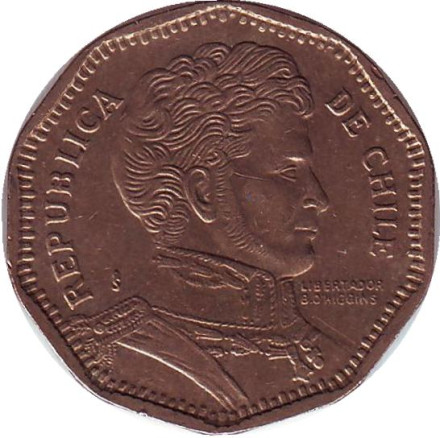 Монета 50 песо. 2010 год, Чили. (Цифра 1 в годе с подчеркиванием) Бернардо О’Хиггинс.