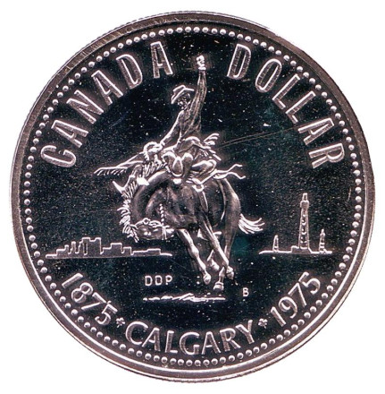 Монета 1 доллар. 1975 год, Канада. 100 лет городу Калгари. Ковбой.