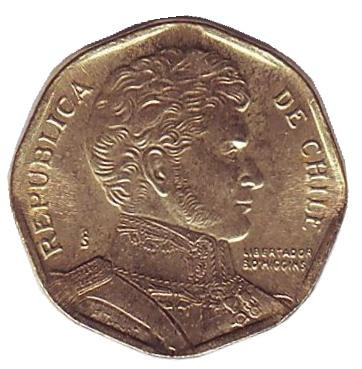Монета 5 песо. 1992 год, Чили. Бернардо О’Хиггинс.