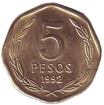 Монета 5 песо. 1992 год, Чили. Бернардо О’Хиггинс. Монета 5 песо. 1992 год, Чили. Бернардо О’Хиггинс.