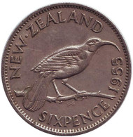 Монета 6 пенсов. 1955 год, Новая Зеландия. Гуйя. Монета 6 пенсов. 1955 год, Новая Зеландия. Гуйя.