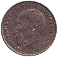 Монета 2 марки. 1974 год (G), ФРГ. Конрад Аденауэр. Монета 2 марки. 1974 год (G), ФРГ. Конрад Аденауэр.